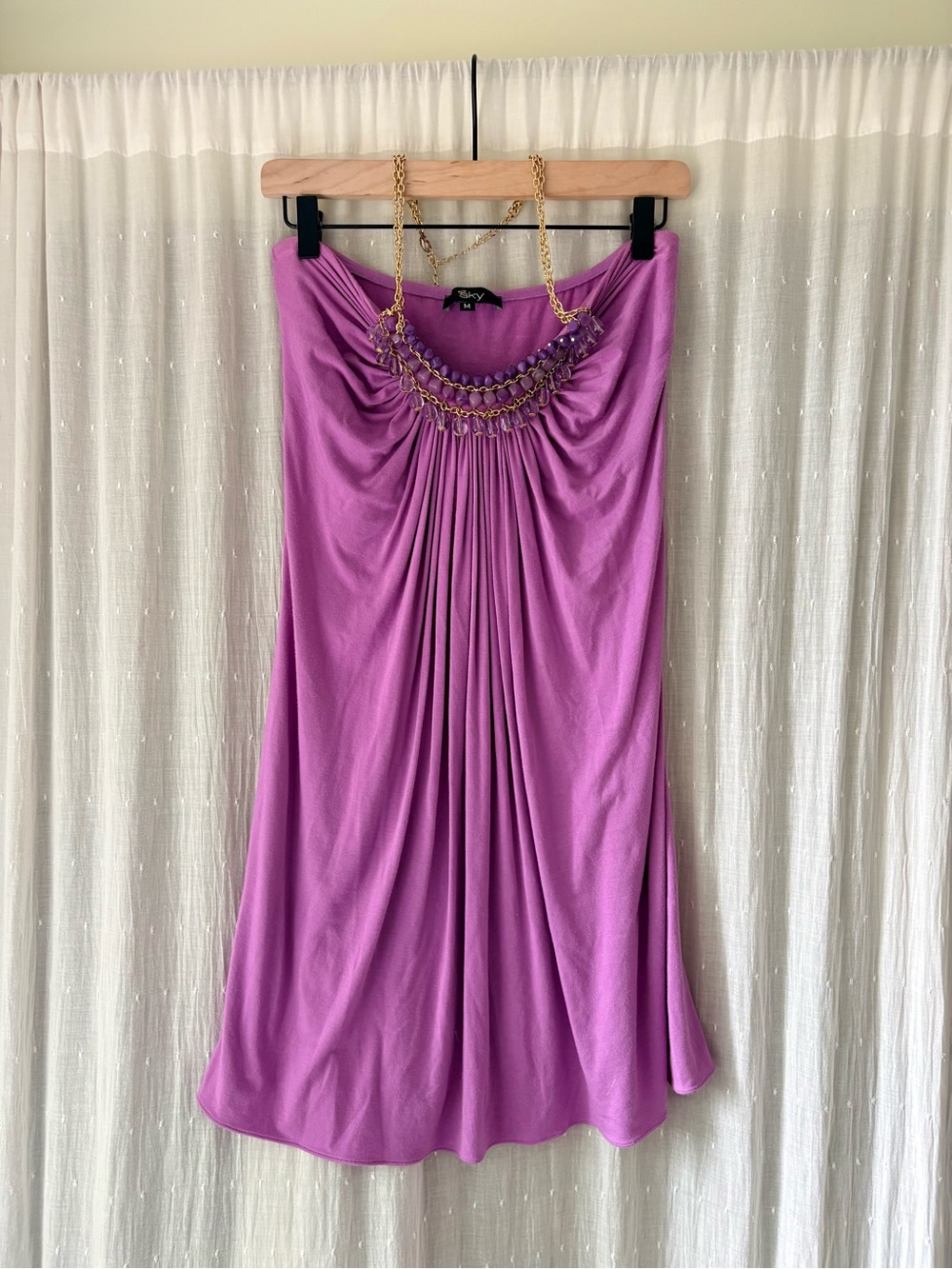 Y2K Sky Lilac Halter Midi Dress with Gold Chain Detail